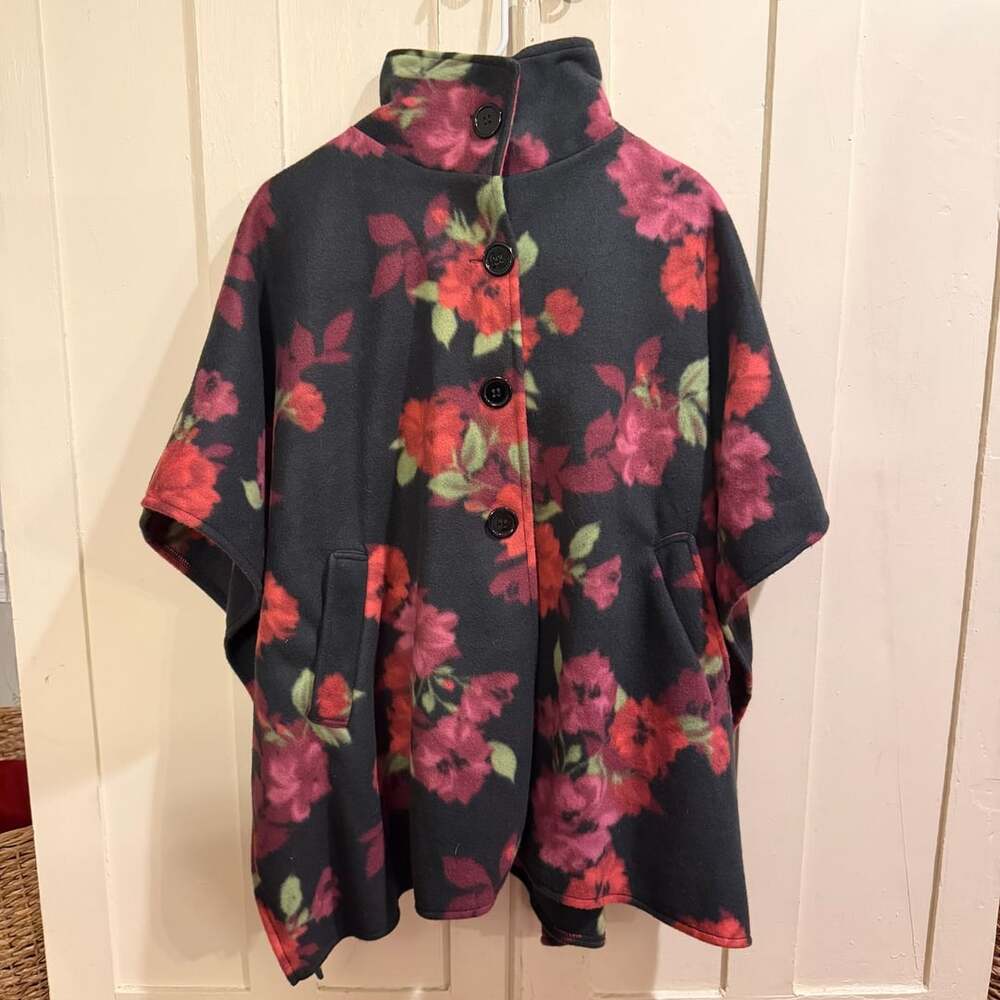 Stunning Floral Print Fleece Poncho Cape Coat with Pockets! One Size